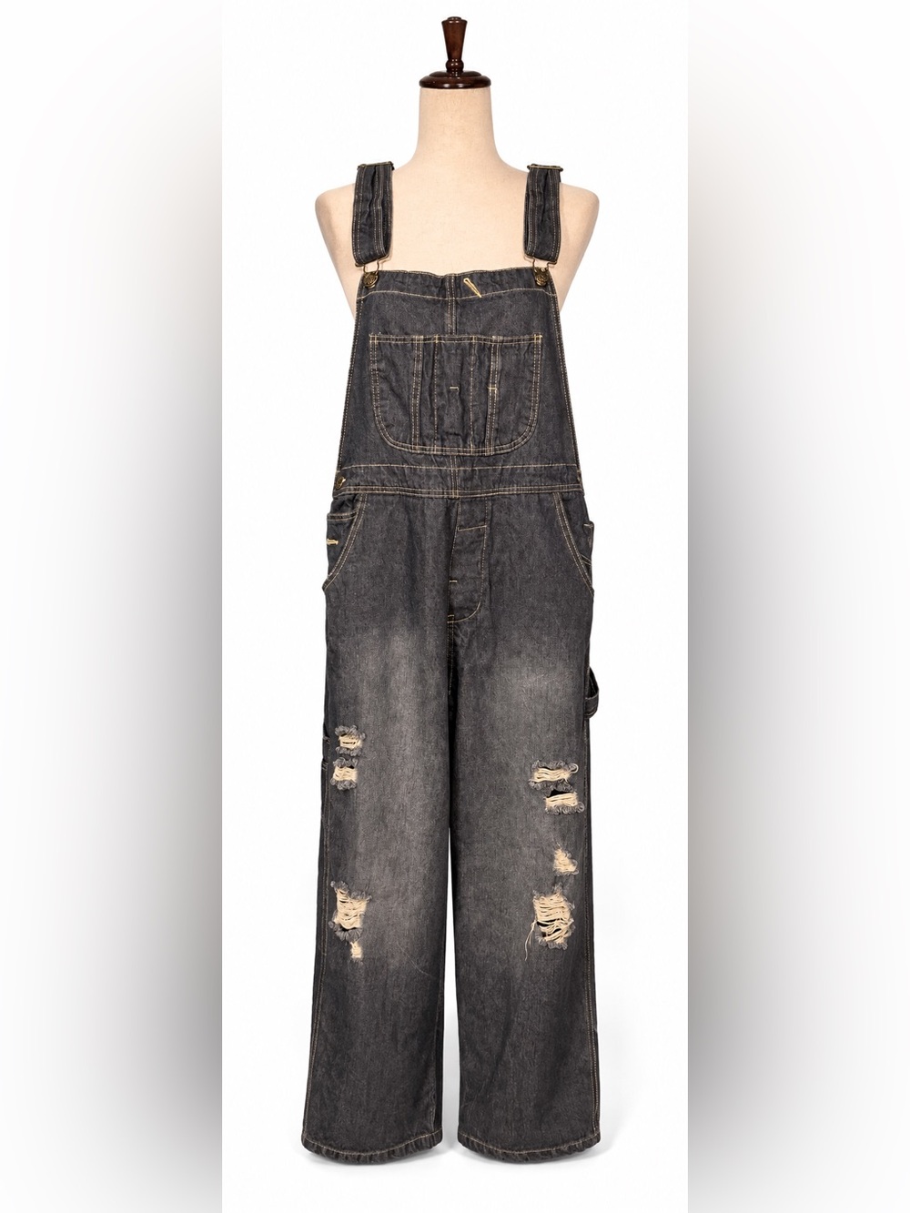 Monthorigin upscale denim jeans oversized overalls, medium wash.  Distressed, M
